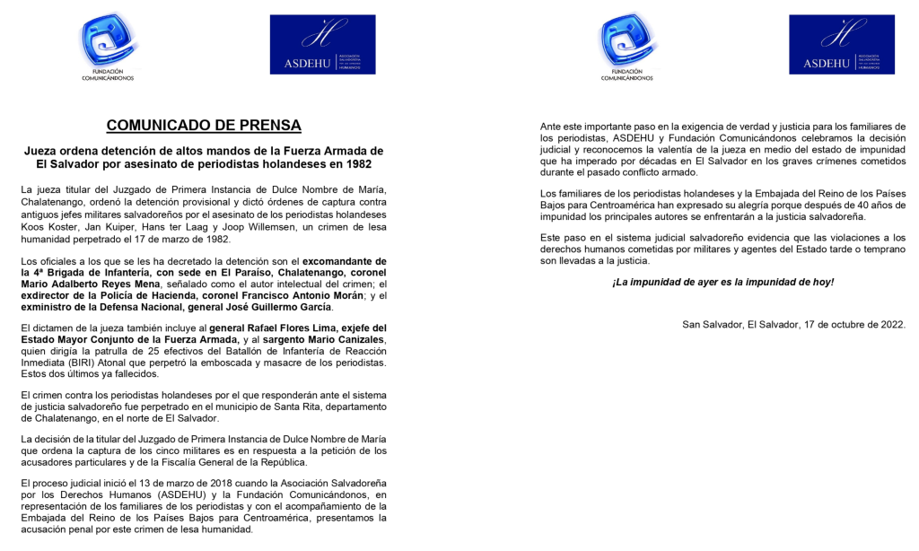 COMUNICADO: Jueza ordena detención de altos mandos de la Fuerza Armada de El Salvador por asesinato de periodistas holandeses en 1982